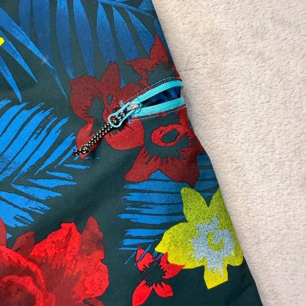 Burnside Mens Tropical Floral Striped Board Shorts Teal Blue Red Size 30 Surf